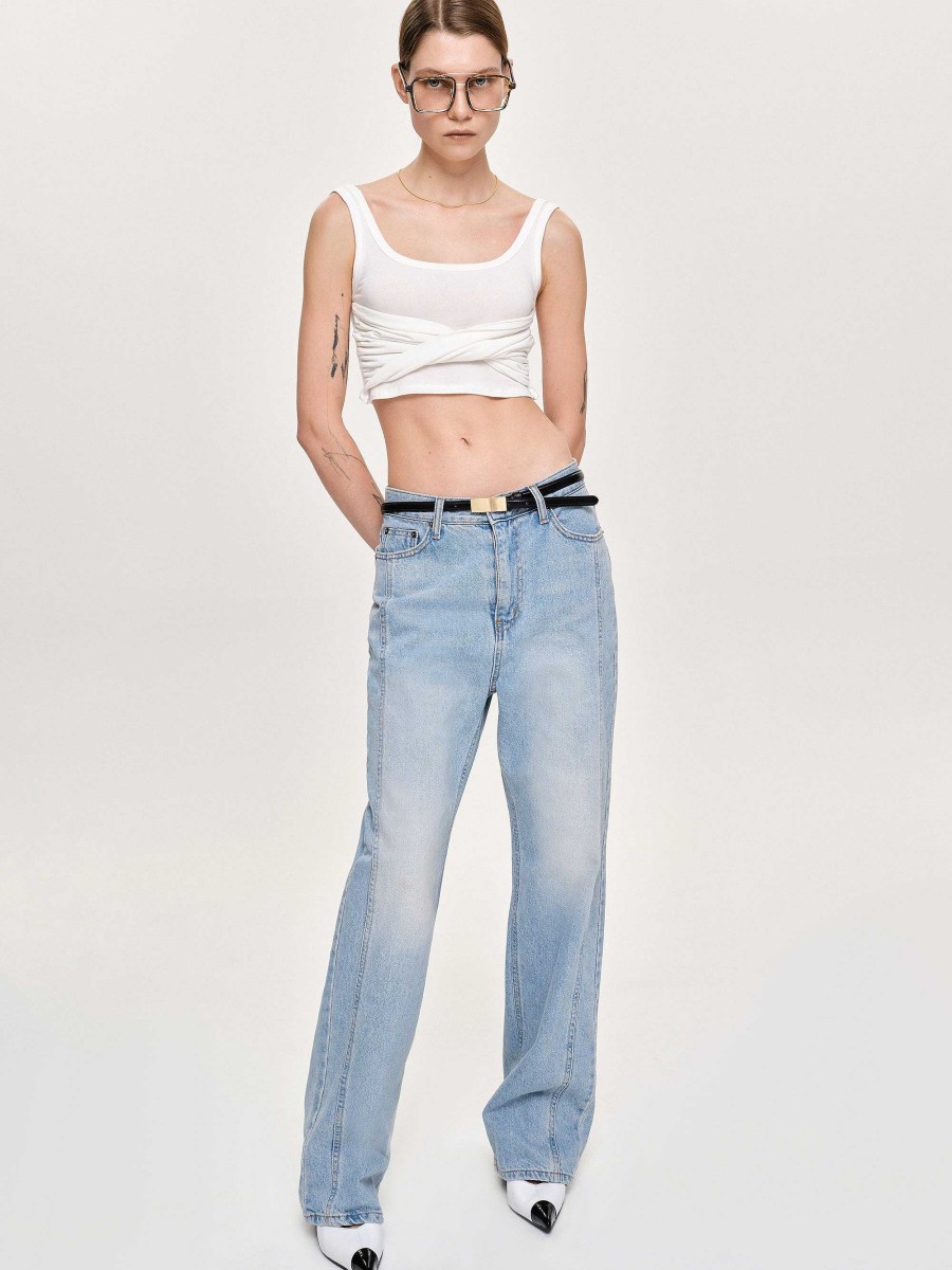 Source Unknown Side Paneled Straight Jeans, Light Washed Blue