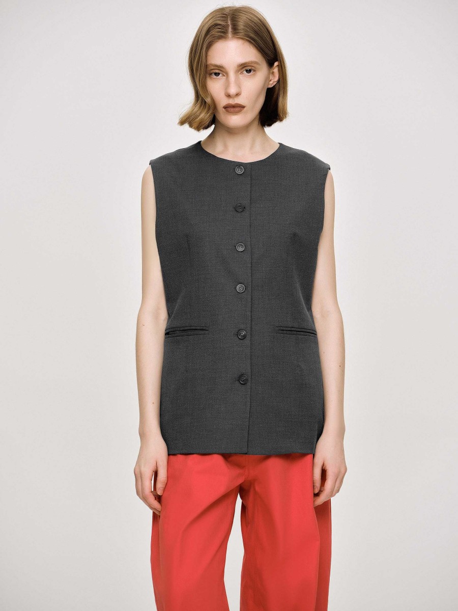 Source Unknown Long Button Vest, Charcoal Melange