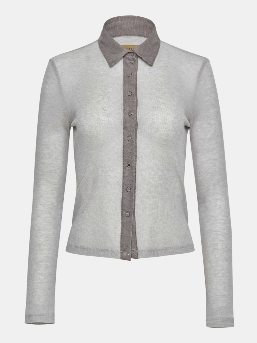 Source Unknown Pietro Semi-Sheer Collar Top, Taupe Brown