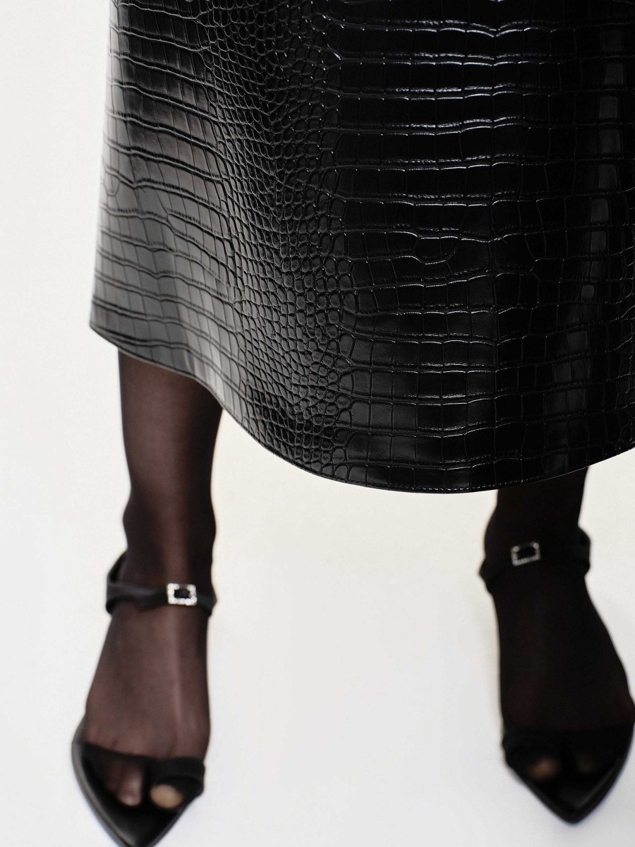 Source Unknown Croc-Embossed Midi Skirt, Black