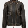 Source Unknown Geva Faded Lambskin Bomber Jacket, Brown