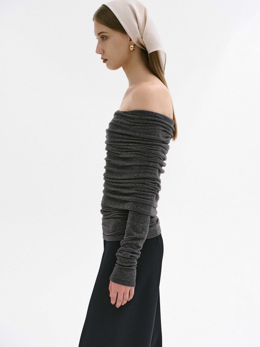 Source Unknown Tova Off Shoulder Knit, Dark Grey Melange