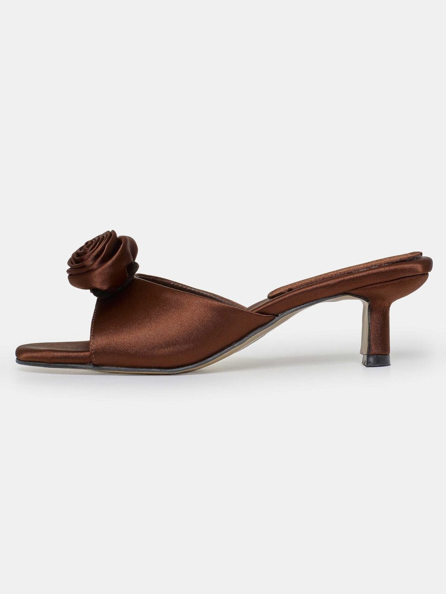 Source Unknown Rose Applique Satin Mules, Chocolate