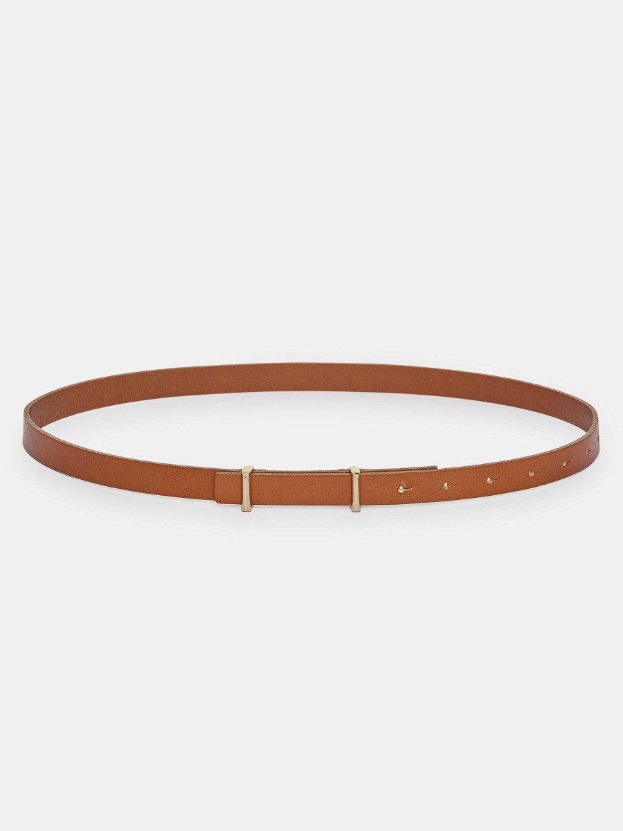 Source Unknown Calfskin Leather Skinny Belt, Tan