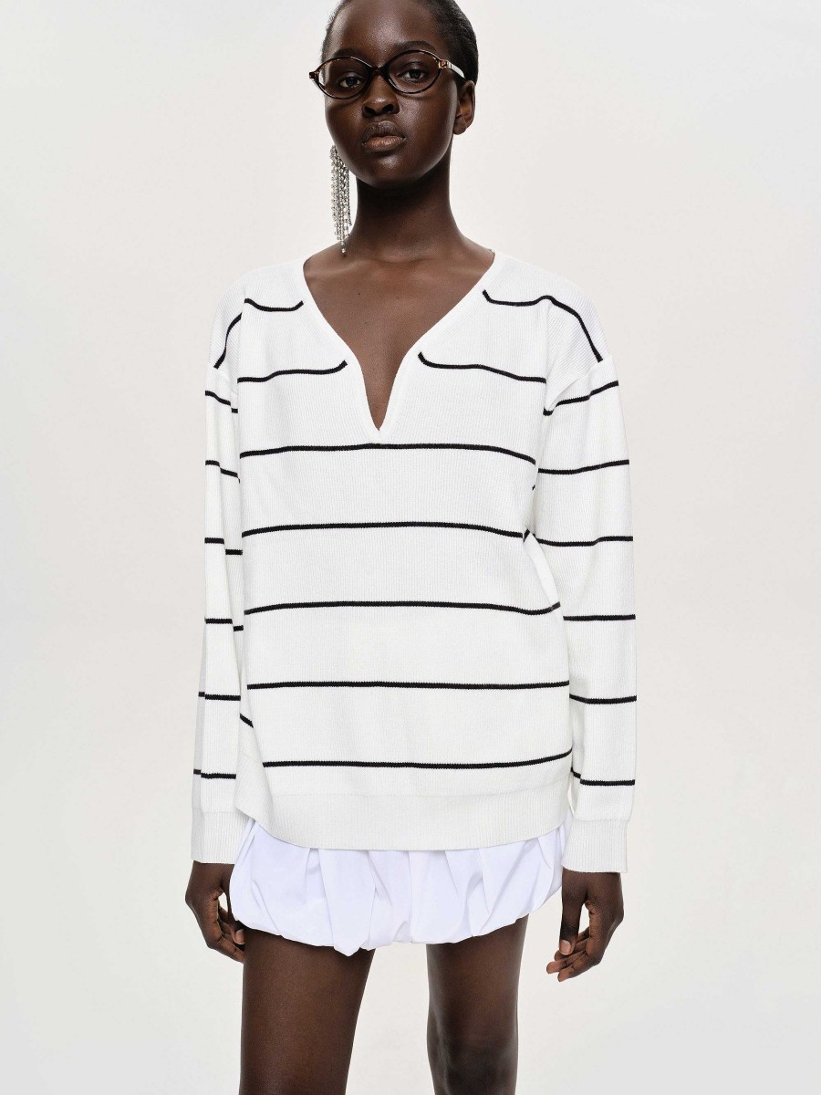 Source Unknown Deep V-Neck Sweater, White Stripe