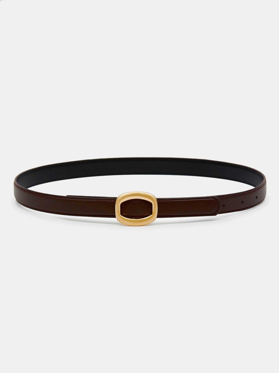 Source Unknown Round Hexagon Leather Belt, Brown/Gold