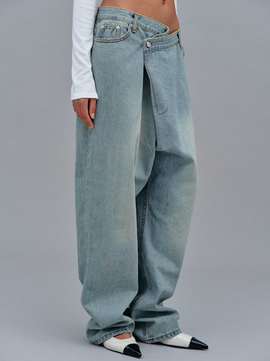 Source Unknown Asymmetric Wrap Faded Jeans, Stone Wash