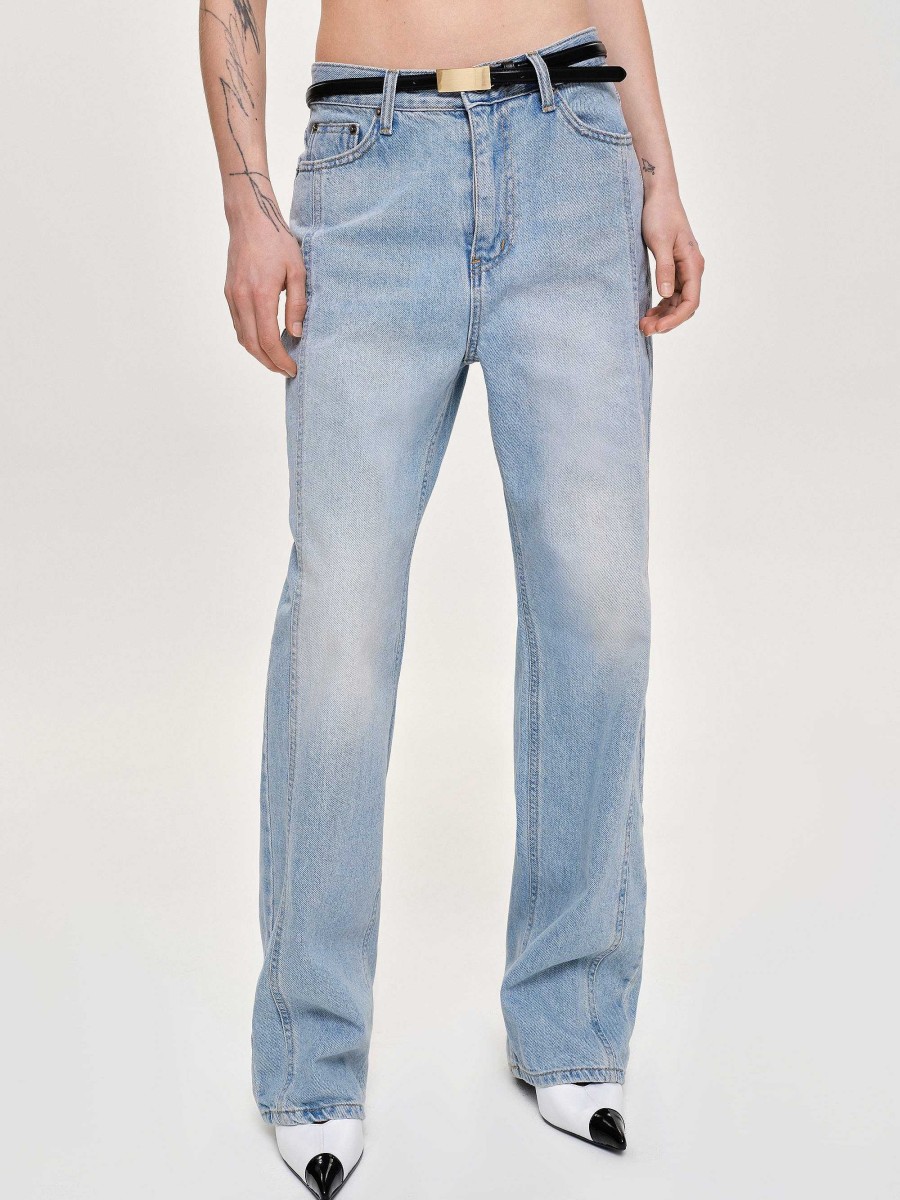 Source Unknown Side Paneled Straight Jeans, Light Washed Blue