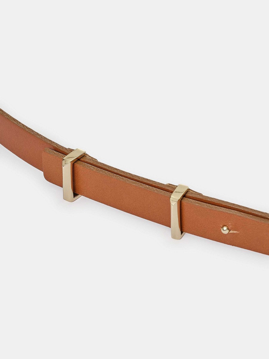 Source Unknown Calfskin Leather Skinny Belt, Tan