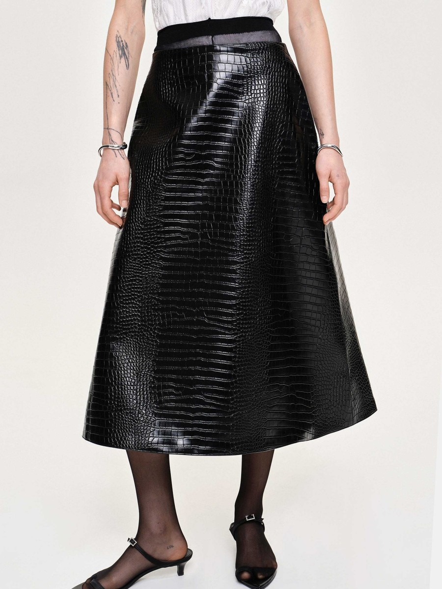 Source Unknown Croc-Embossed Midi Skirt, Black