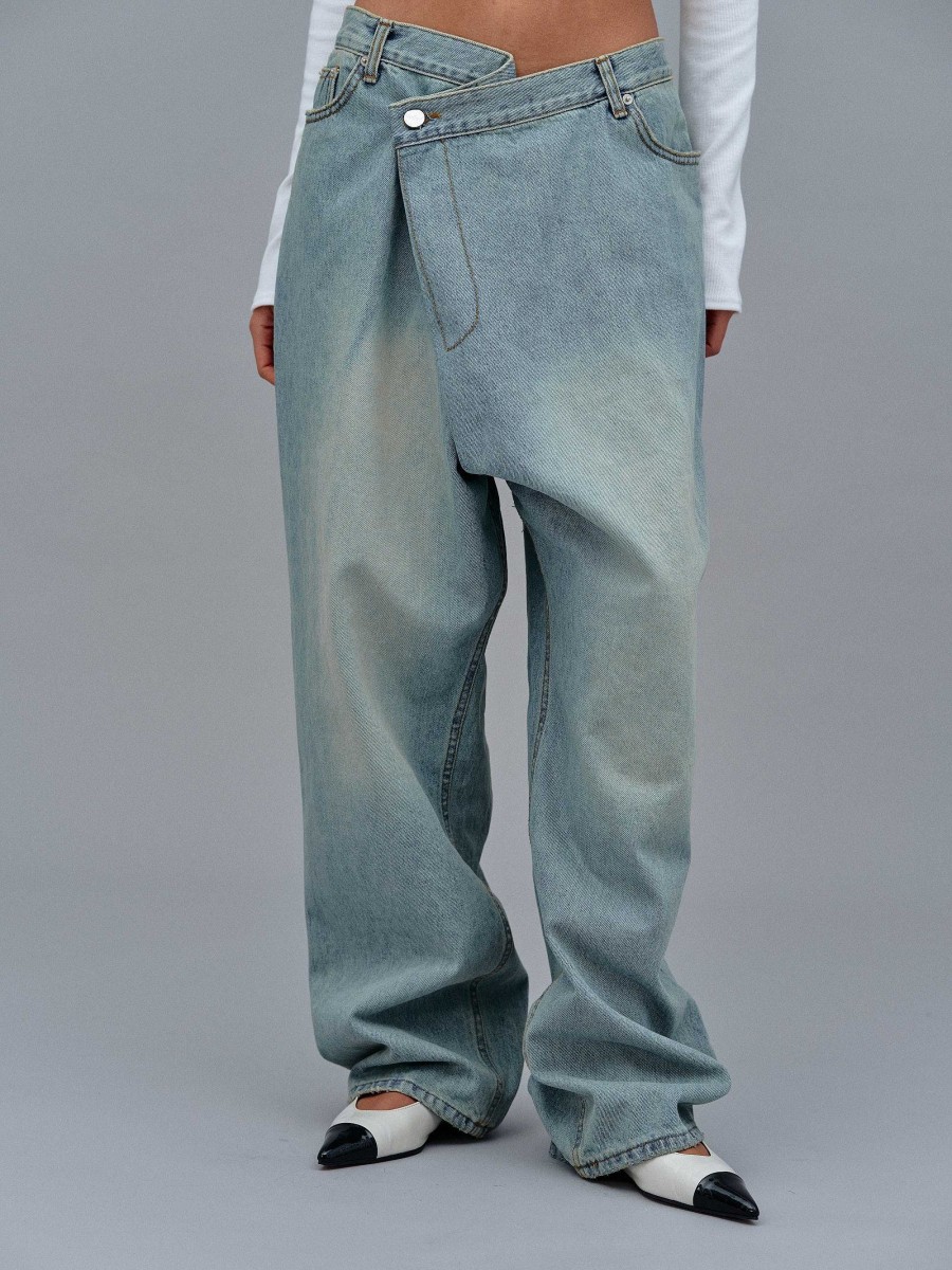 Source Unknown Asymmetric Wrap Faded Jeans, Stone Wash