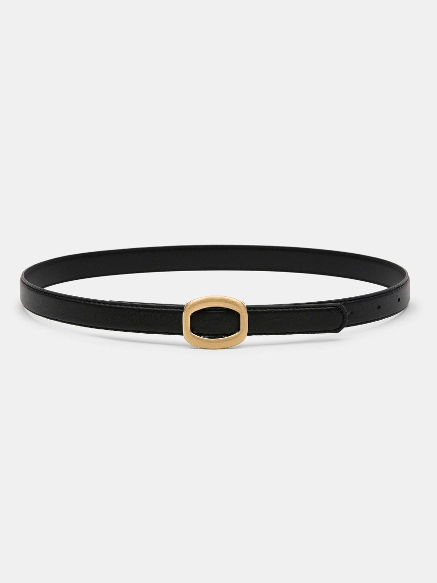 Source Unknown Round Hexagon Leather Belt, Black/Gold