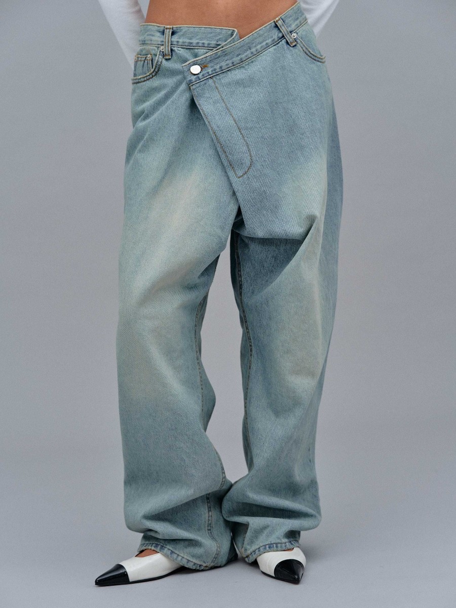 Source Unknown Asymmetric Wrap Faded Jeans, Stone Wash