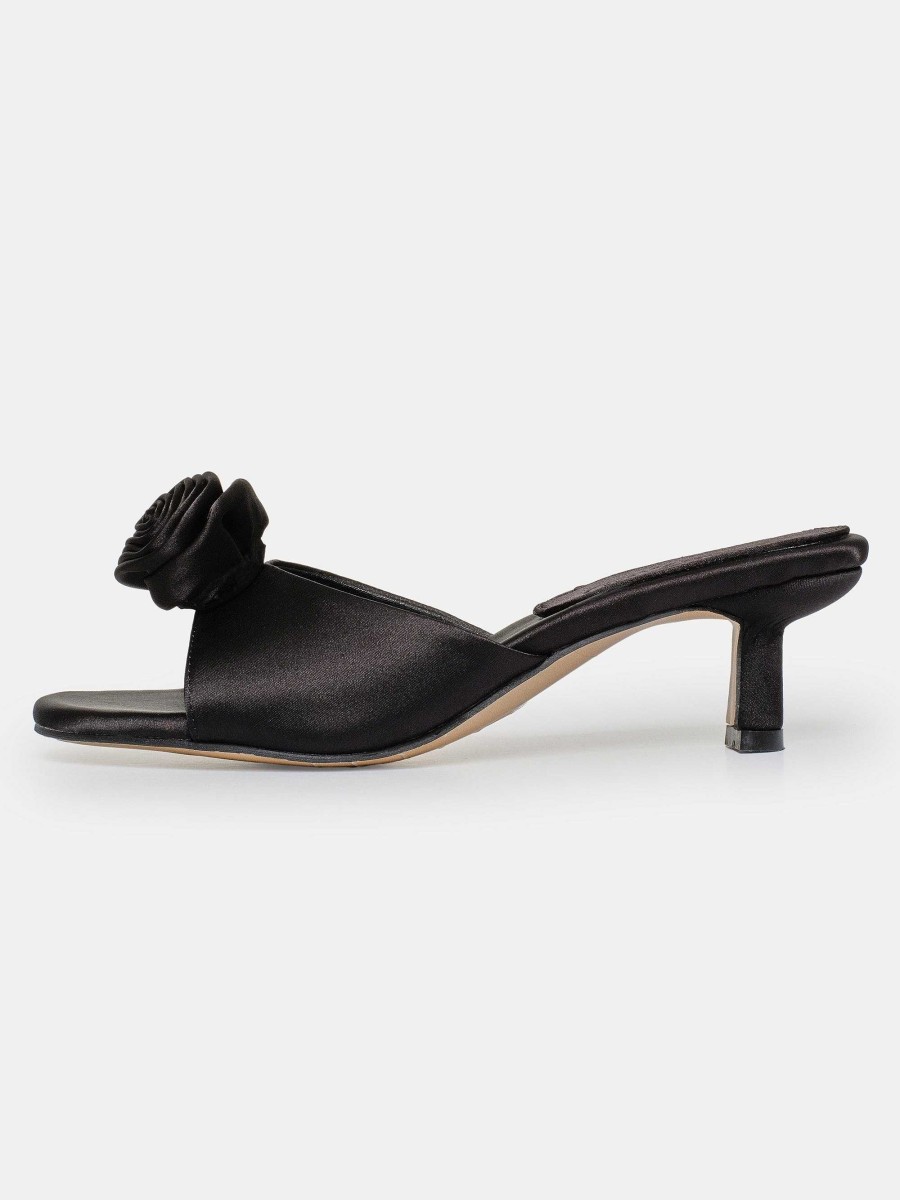 Source Unknown Rose Applique Satin Mules, Black