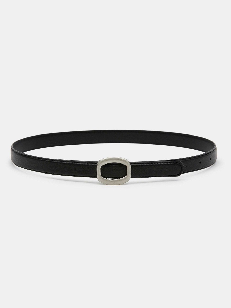 Source Unknown Round Hexagon Leather Belt, Black/Silver