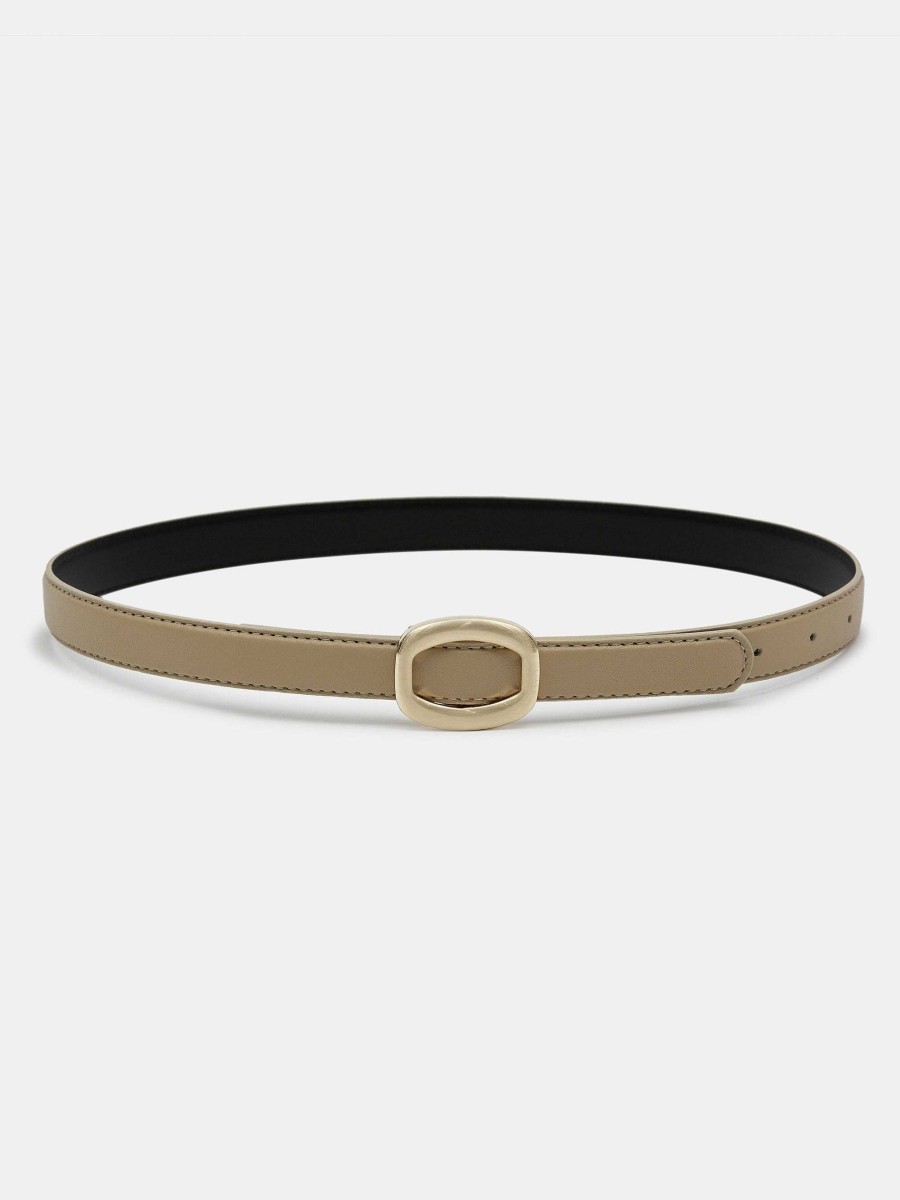 Source Unknown Round Hexagon Leather Belt, Beige/Gold