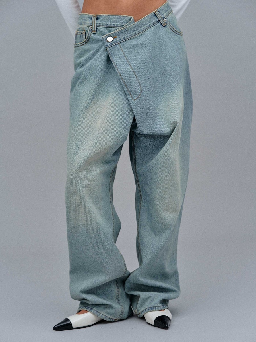 Source Unknown Asymmetric Wrap Faded Jeans, Stone Wash